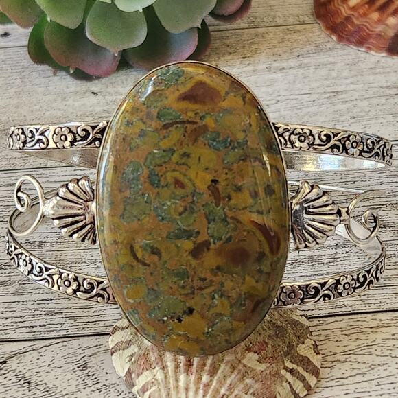 Earthy Jasper Silver Cuff Bracelet - Natural Elegance in Stone Jewelry - Picture 1 of 10